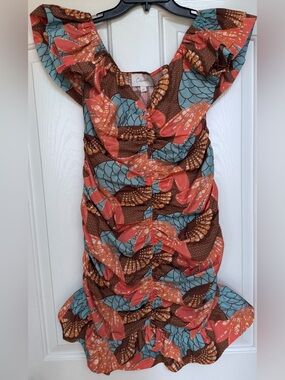 Cleobella Organic Cotton Floral Mini Dress M Coral Teal Ruched